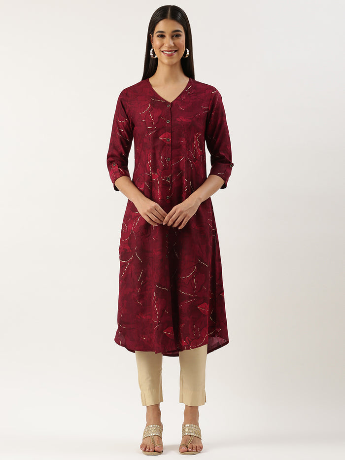 Fuchsia Leaf Printed V-Neck Kurta, Princess Cur Kurta, A-Line Kurta, Floral Print, Mandarin Collar kurta, printed kurta