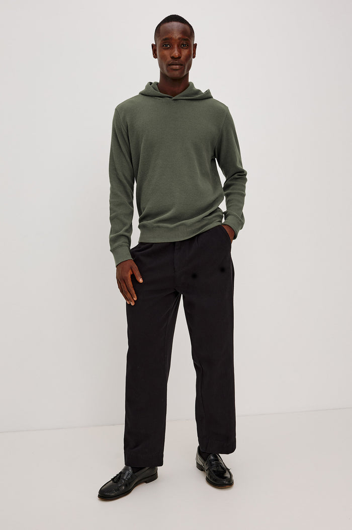 Gates Hoodie in Micro-Waffle Cotton Blend With Fixed Hood, Long Sleeves, and Relaxed Fit in Pine Needle Colorway - Full Body Front View Featured on Model
