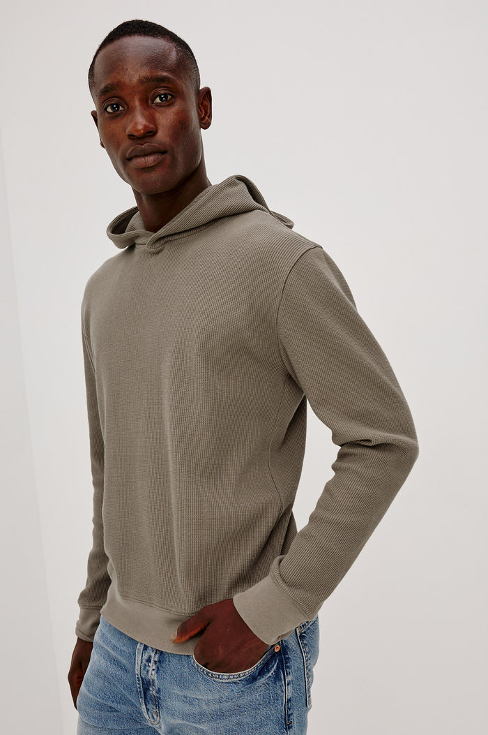 Gates Hoodie in Micro-Waffle Cotton Blend With Fixed Hood, Long Sleeves, and Relaxed Fit in Walnut Colorway - Upper Body Front View Featured on Model