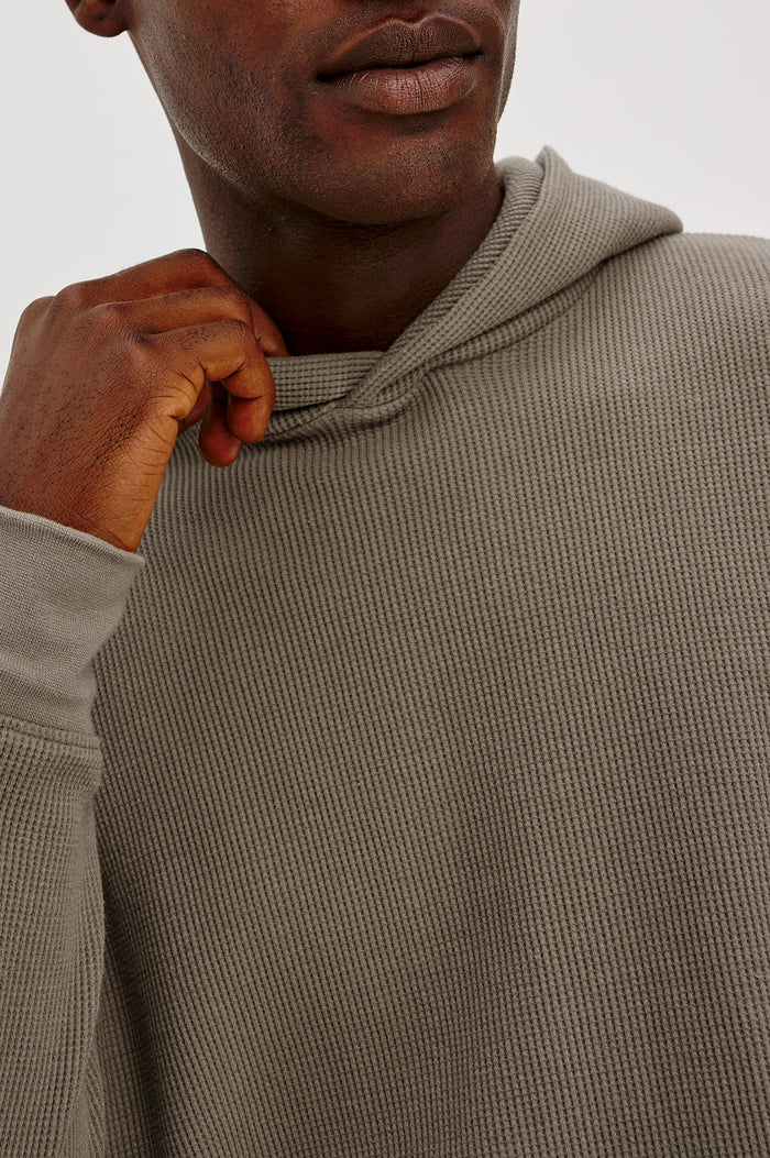 Gates Hoodie in Micro-Waffle Cotton Blend With Fixed Hood, Long Sleeves, and Relaxed Fit in Walnut Colorway - Upper Body Front View Featured on Model
