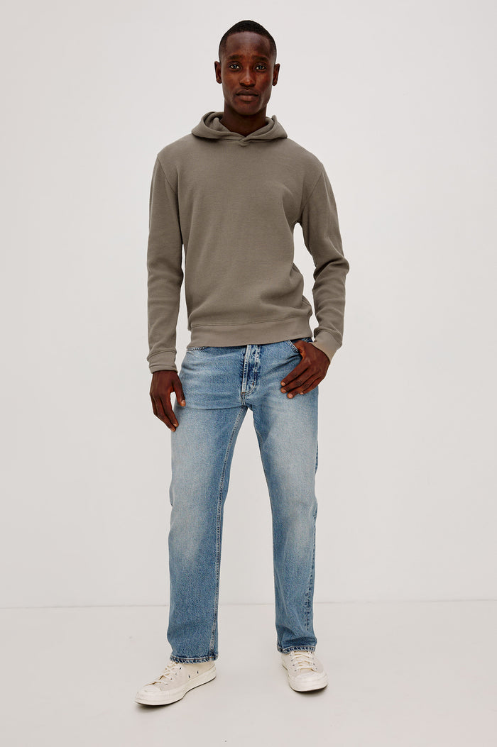 Gates Hoodie in Micro-Waffle Cotton Blend With Fixed Hood, Long Sleeves, and Relaxed Fit in Walnut Colorway - Full Body Front View Featured on Model