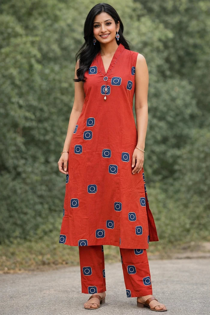 Sleeveless straight-cut kurta featuring geometric square prints paired with matching ankle-length trousers and beaded necklace.