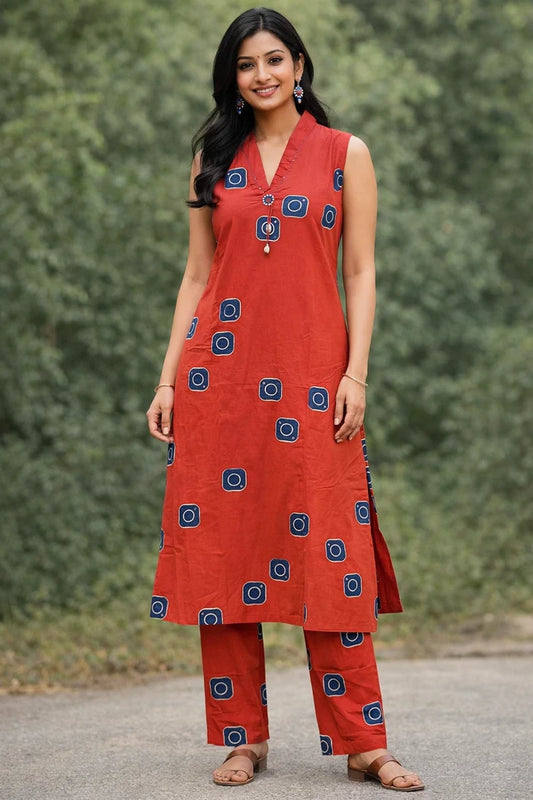 Sleeveless straight-cut kurta featuring geometric square prints paired with matching ankle-length trousers and beaded necklace.