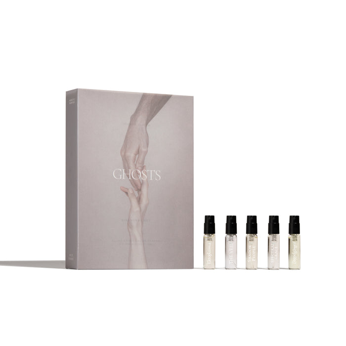 Set of perfume bottles with a 'GHOSTS' branded box on a white background
