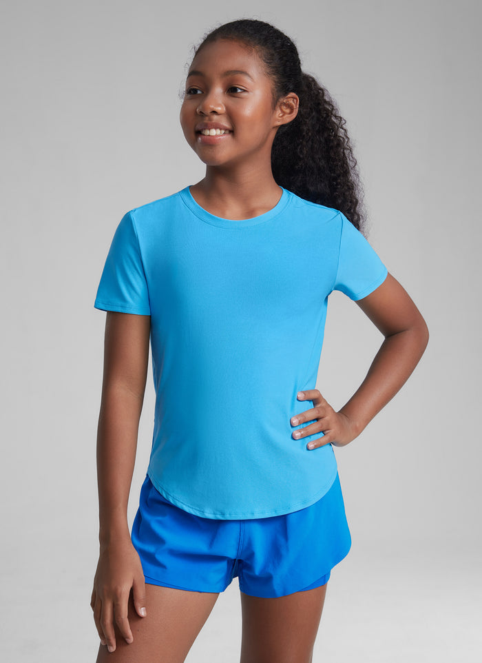 CRZ YOGA Girls Cloudweight Short Sleeve Quick Dry Round Neck T Shirts Kayak Blue