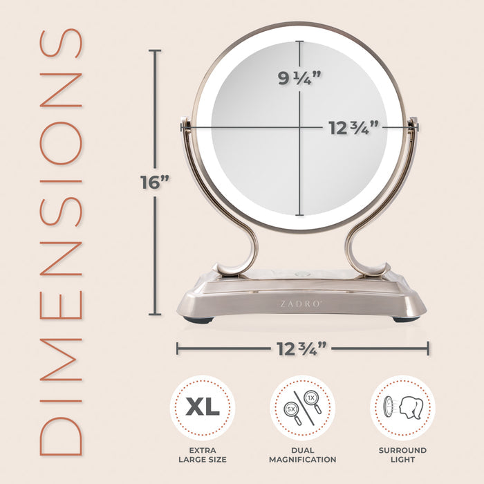 Zadro GLALT45RS 705004423304 product photo front view with dimensions, glamour led lighted makeup mirror with magnification in front of a white background
