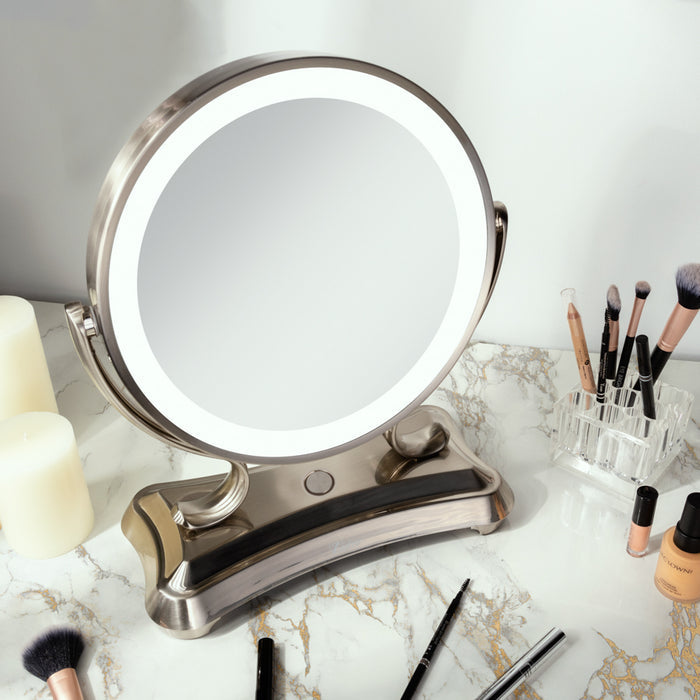 Zadro GLALT45RS 705004423304 environment photo on makeup table, glamour led lighted makeup mirror with magnification in front of a real life setting