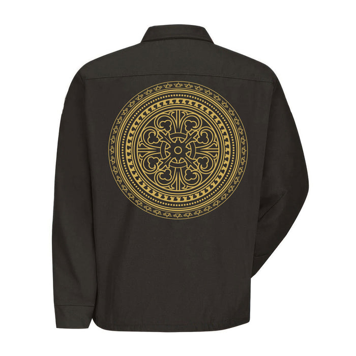 A black Steve Vai jacket featuring an intricate gold circle pattern on the back, with ornate mandala-inspired detailing in the center.