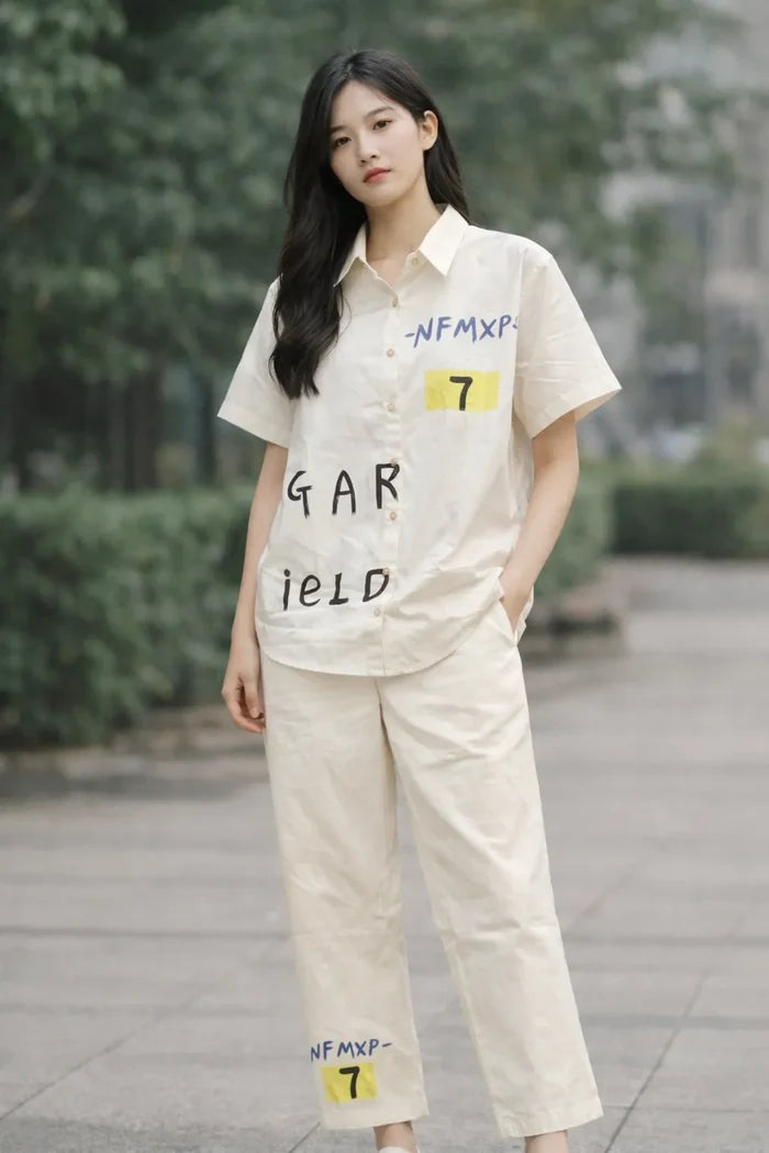 Person wearing a beige outfit with text and numbers on a blurred outdoor background