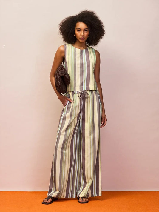 Green stripe linen blend wide leg trousers with elasticated drawstring waist