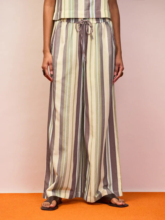 Green stripe linen blend wide leg trousers with drawstring waistband