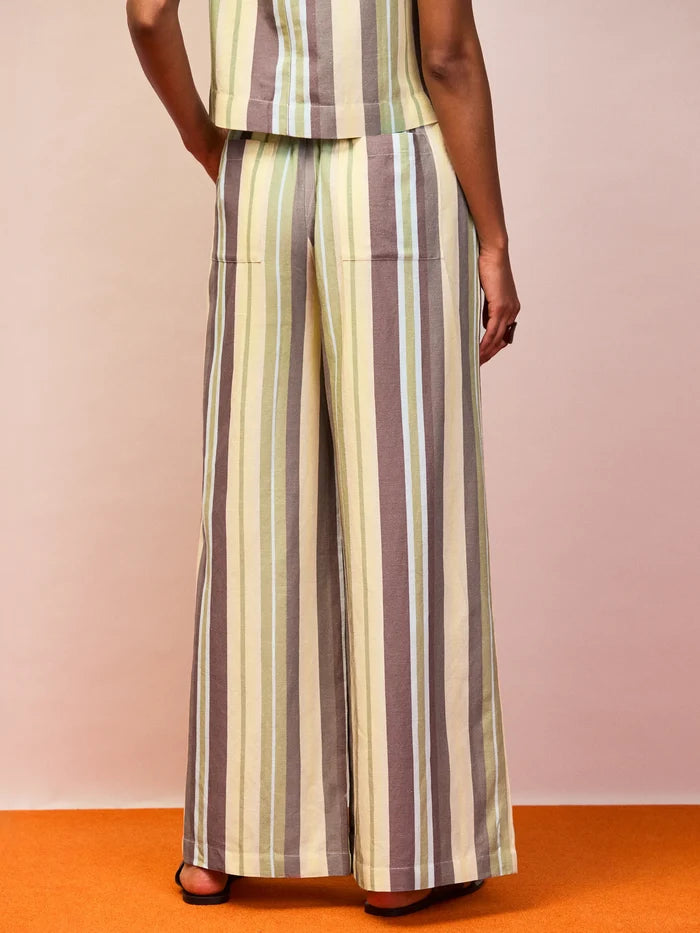 Green stripe linen blend wide leg trousers back view