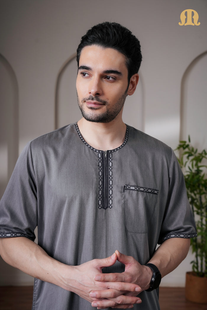 Grey Jazeb Half Sleeve Thobe Men