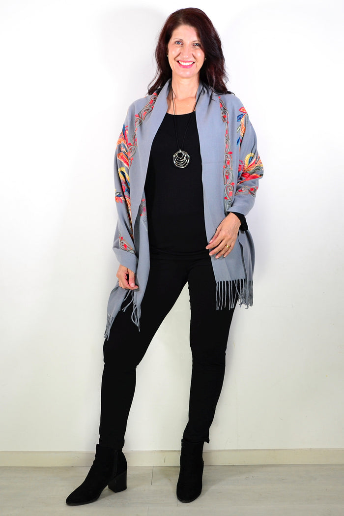 Grey soft embroidered scarf wrap by ivys, featuring intricate embroidery and a cozy, lightweight fabric perfect for stylish layering.