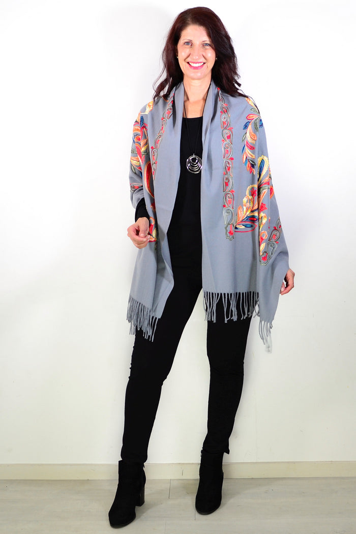 Grey soft embroidered scarf wrap by ivys, featuring delicate embroidery and a cozy, lightweight fabric for stylish warmth.