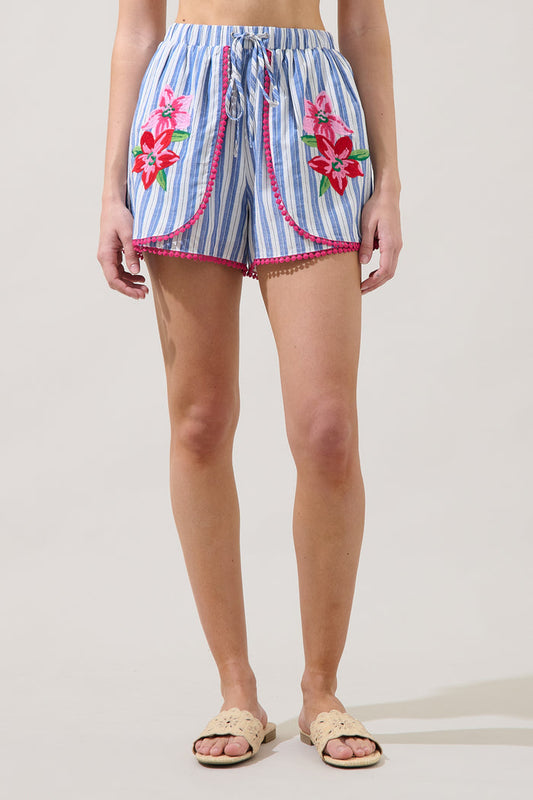 Grisa Striped Stretch Embroidery Shorts