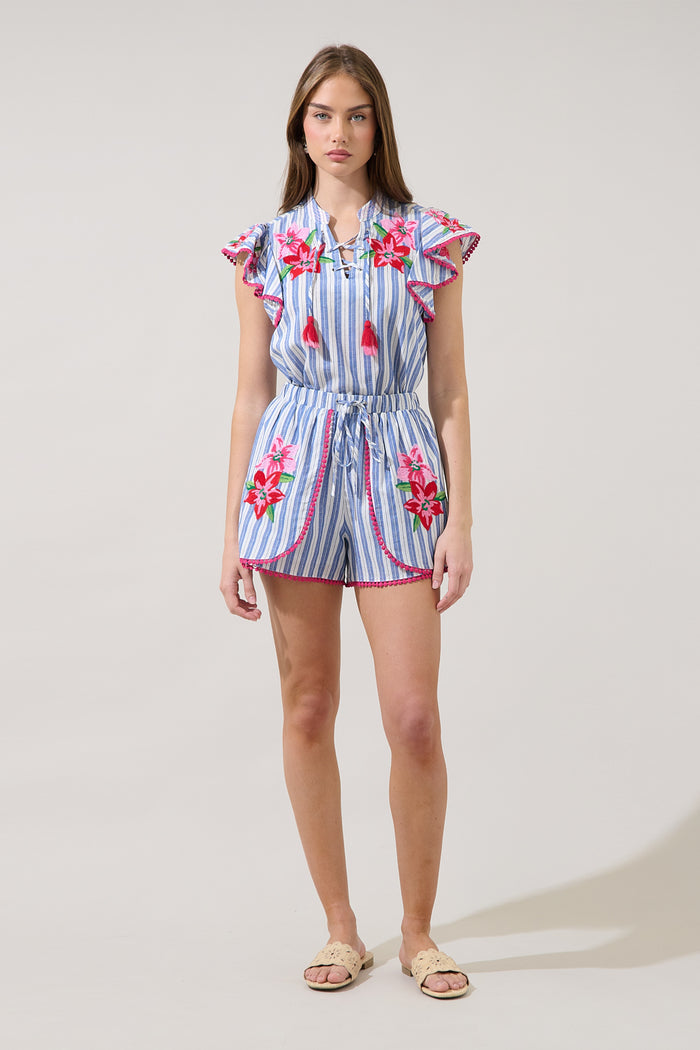 Grisa Striped Stretch Embroidery Shorts