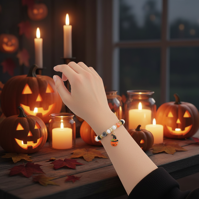 Halloween Beaded Charm Bracelet – Spooky Pumpkin & Witch Hat Enamel Pendant with Orange, Black, and White Rhinestone Beads (CB2697)