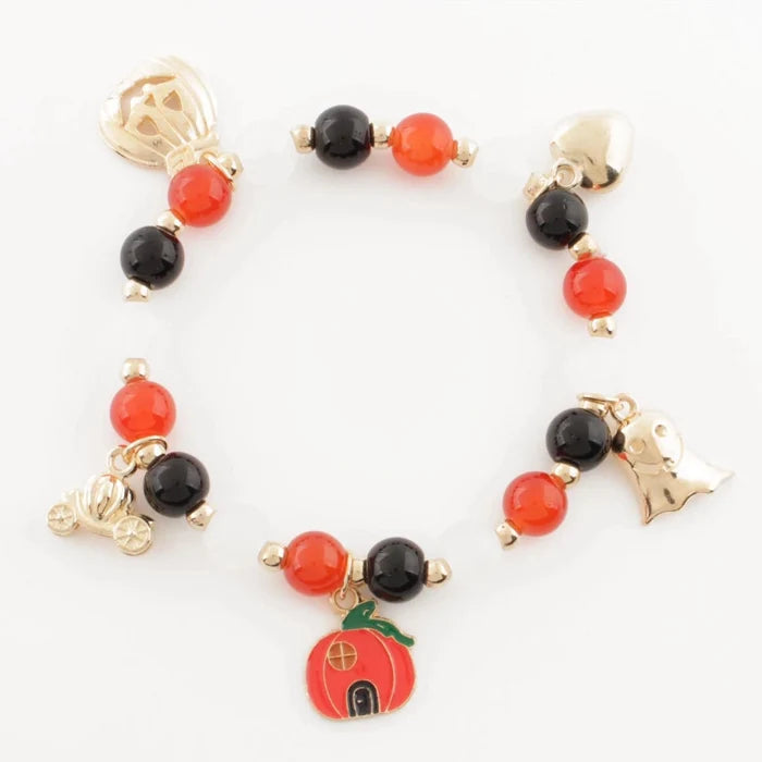 Halloween Beaded Charm Bracelet Wholesale - Pumpkin, Ghost & Carriage Spooky Beaded Stretch Bracelet (CB2706)