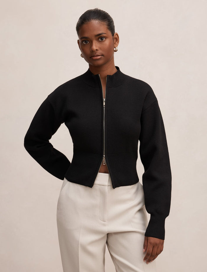 Hanna Petite Zip Knit Jacket Black Forever New