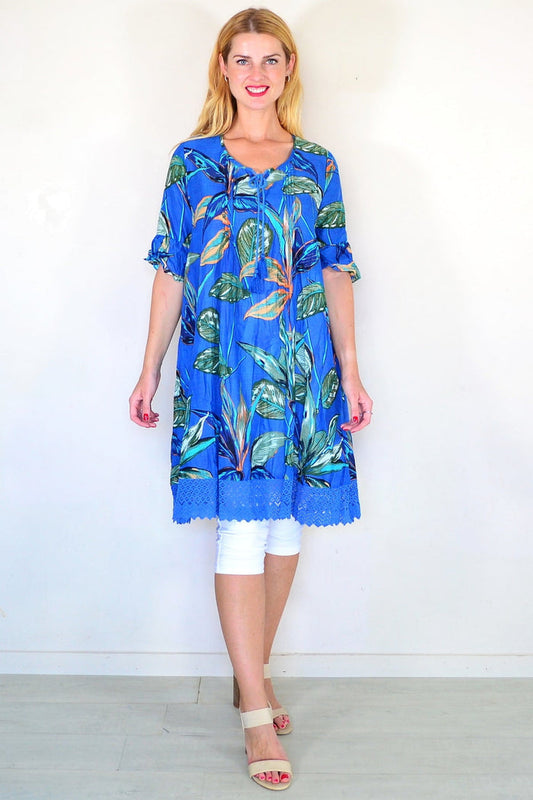 Blue boho tunic dress by One Summer featuring relaxed fit and breezy style, perfect for casual summer wear.