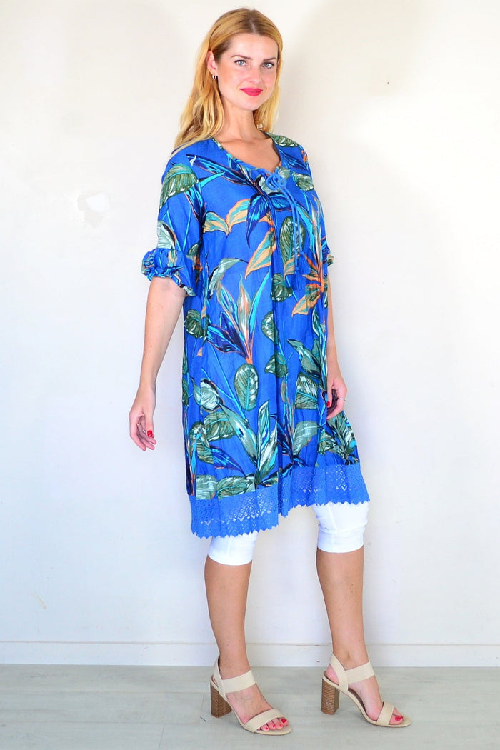 Blue boho tunic dress by One Summer featuring relaxed fit, flowing fabric, and bohemian style perfect for casual wear.