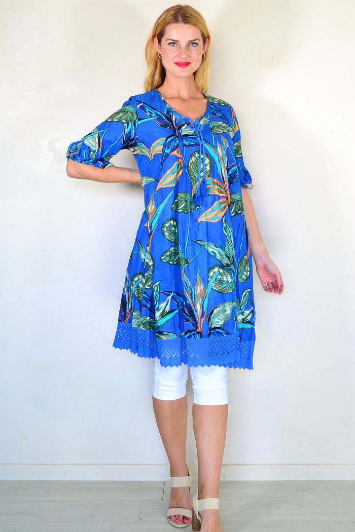 Blue boho tunic dress by One Summer, featuring flowy fabric and relaxed fit, perfect for casual summer wear.