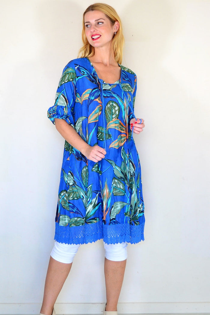 Hannah Boho Blue Tunic Dress by One Summer, lightweight tunic with bohemian style, displayed on a hanger.