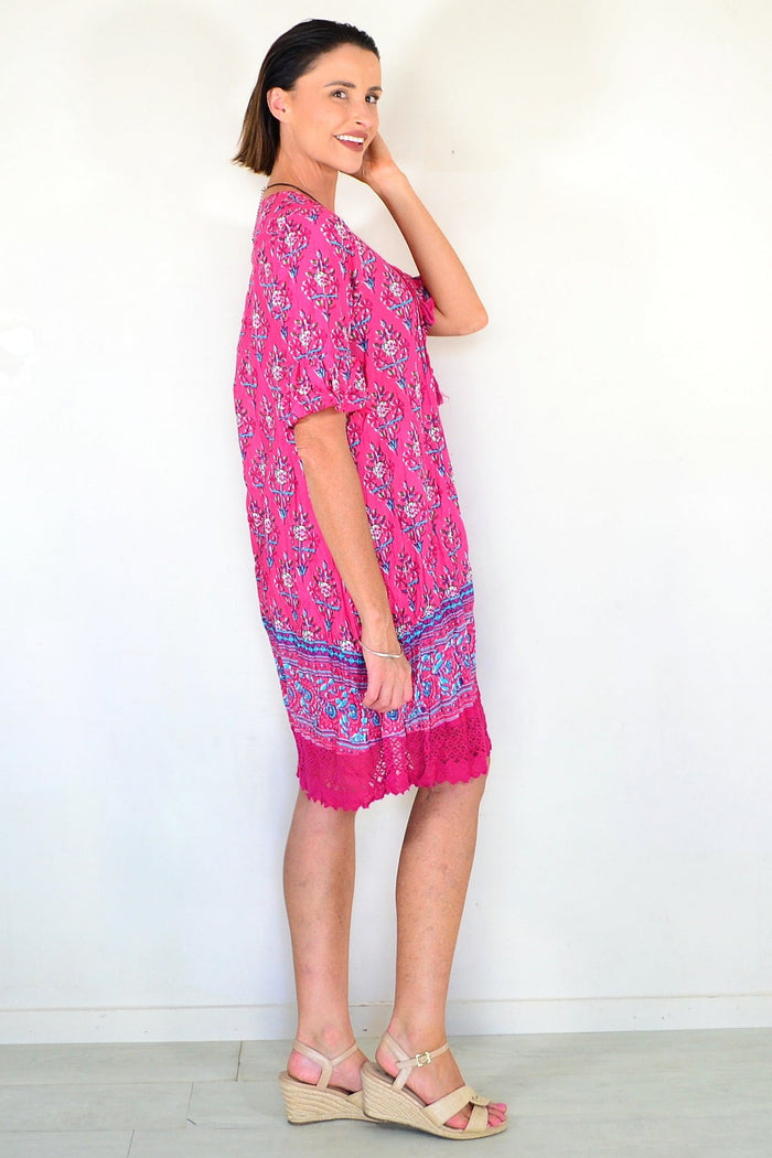 Light blue Hannah Boho short sleeve tunic by One Summer, featuring a relaxed fit and bohemian style fabric details.