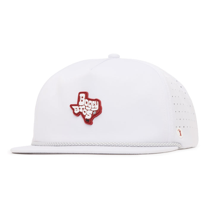 A white snapback hat with a red Texas-shaped patch reading Bogey Bros on the front. The hat has small ventilation holes on the side and a textured line above the brim. The background is plain white.