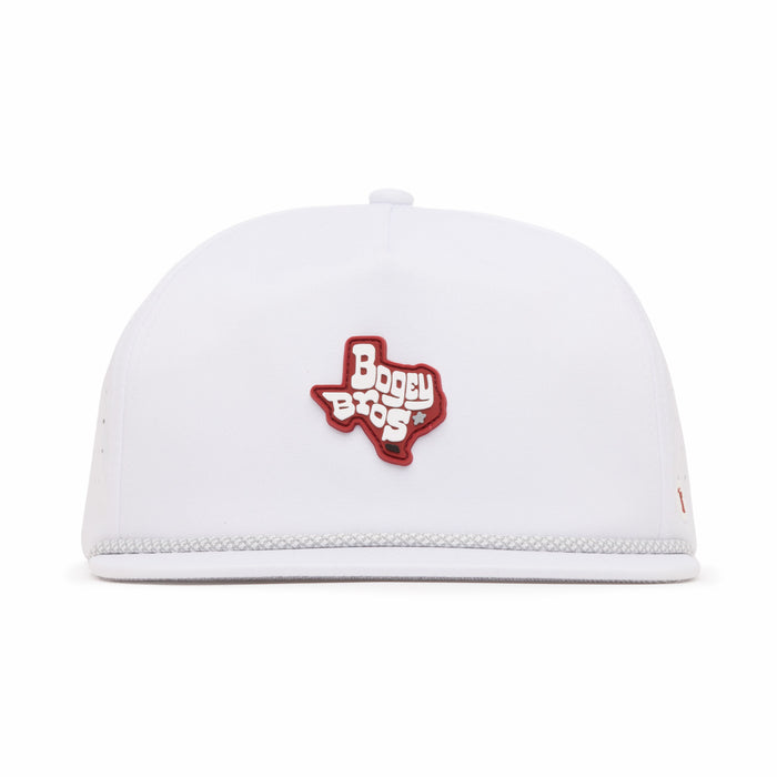 A white baseball cap viewed from the front, featuring a red outline of Texas with the words Bogey Boys in bold white and red letters in the center. The cap has minimalist styling with a subtle decorative trim along the brim.