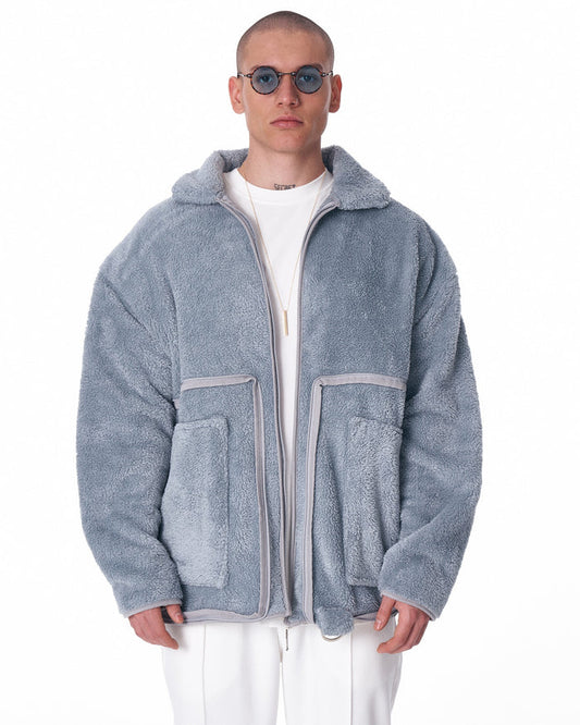 Martin Valen gray plush men's cardigan, front chest-and-shoulders view showing collar, zip opening and layered white tee
