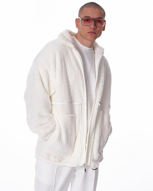 Martin Valen men's plush cardigan in off-white, close three-quarter view showing hood and soft textured fabric