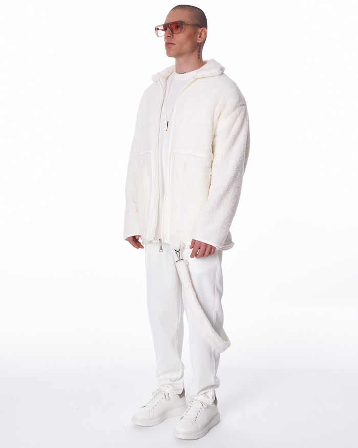 Martin Valen men's white plush cardigan, three-quarter front view showing hood and patch pockets