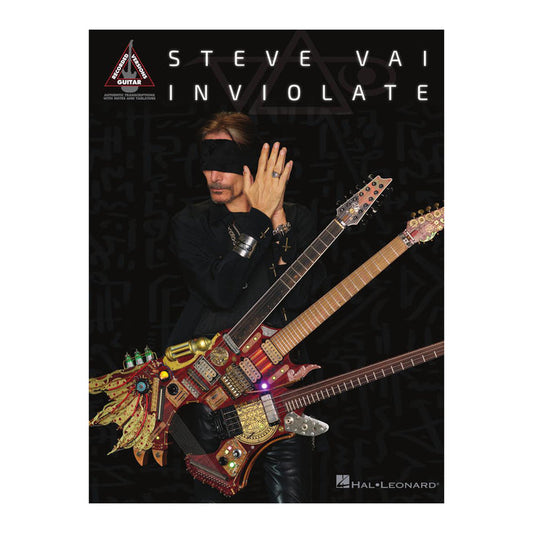 A blindfolded man dressed in black holds a colorful, intricate triple-neck guitar. The dark background features subtle patterns. Text above reads Steve Vai Inviolate along with the Steve Vai brand name.