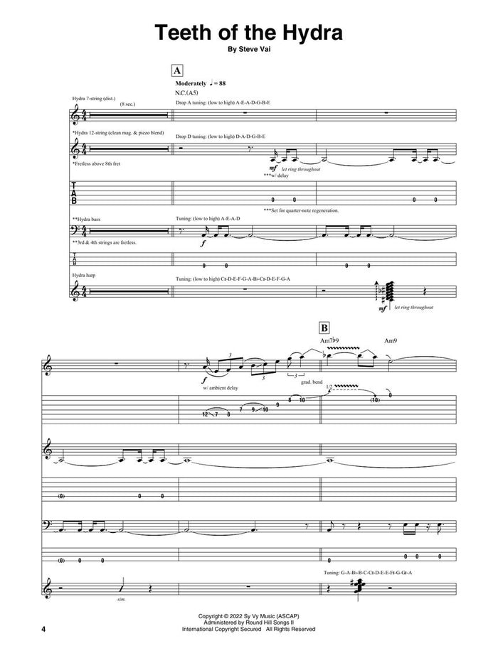 Sheet music for Teeth of the Hydra by Steve Vai features detailed guitar parts with tablature, notation, tempo markings, chords, and performance instructions on two staves in a clear folio layout. Brand: Steve Vai.
