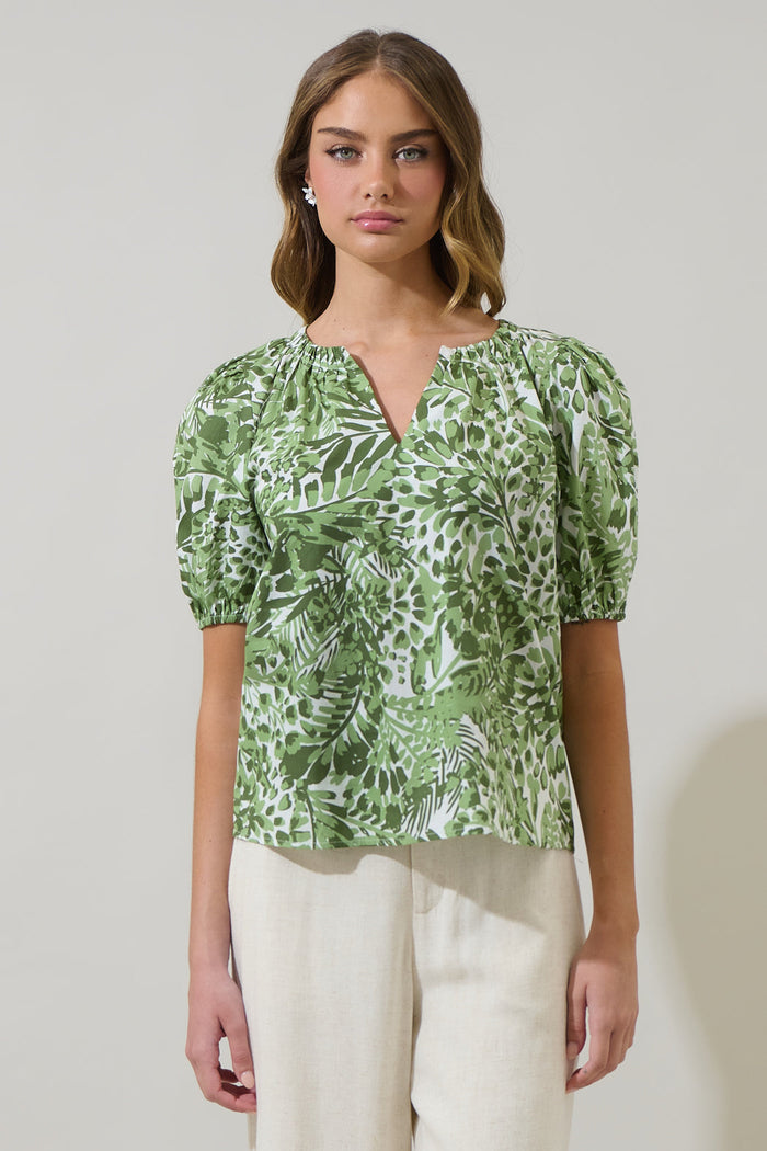 Irenan Leaf Gily Puff Sleeve Top