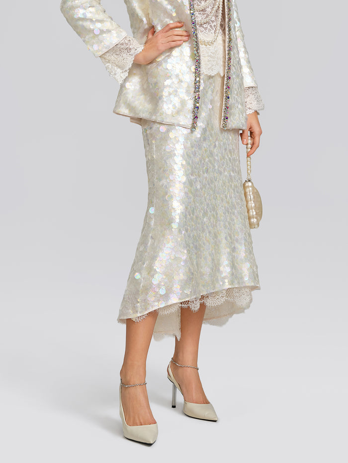 Iridescent Sequin Lace Trim Skirt