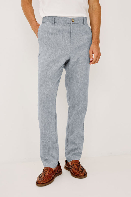 Irving Pant in Cotton-Linen Blend With Slim Straight Legs, Side Slant Pockets, and Back Welt Pockets in Bicoastal Blue Colorway - Lower Body Front View Featured on Model