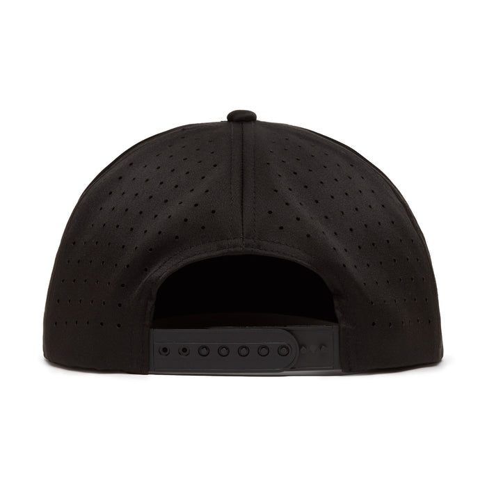 A close-up, rear view of a black baseball cap with small ventilation holes and an adjustable snapback closure. The cap is plain with no visible logos or designs.