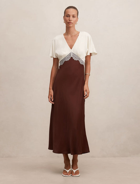 Julia Flutter Sleeve Satin Lace Midi Dress Cream Chocolate Forever New