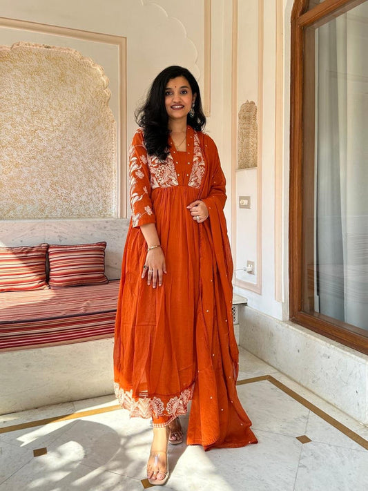 Kashish Threadwork Mul Anarkali Set- Orange