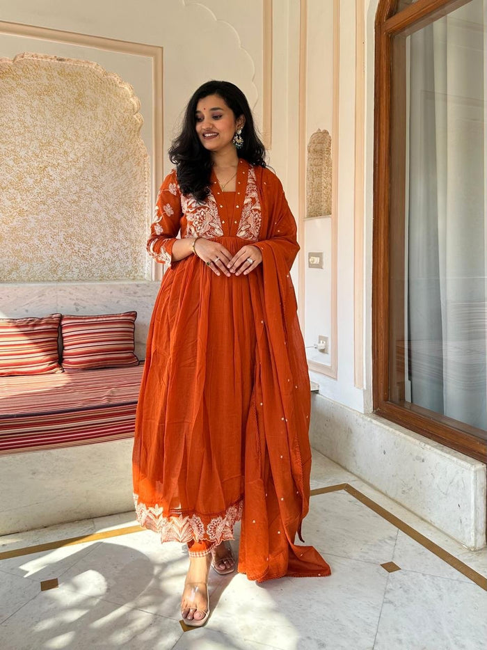 Kashish Threadwork Mul Anarkali Set- Orange