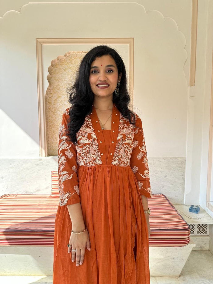 Kashish Threadwork Mul Anarkali Set- Orange