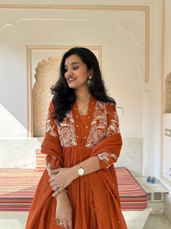 Kashish Threadwork Mul Anarkali Set- Orange
