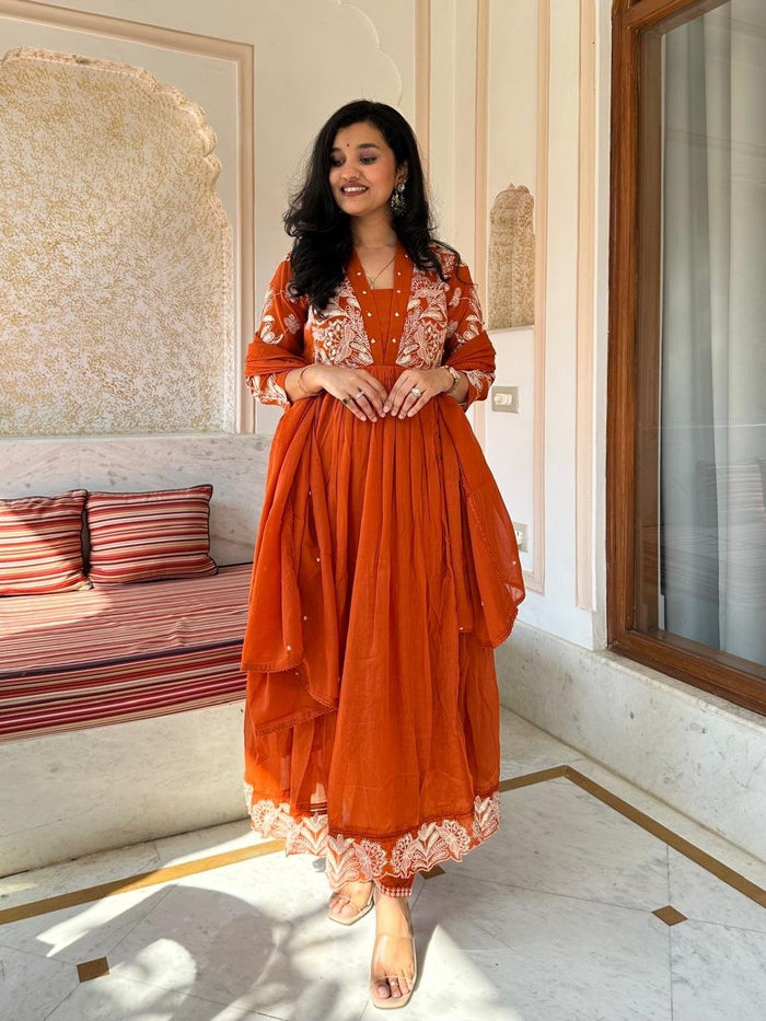 Kashish Threadwork Mul Anarkali Set- Orange