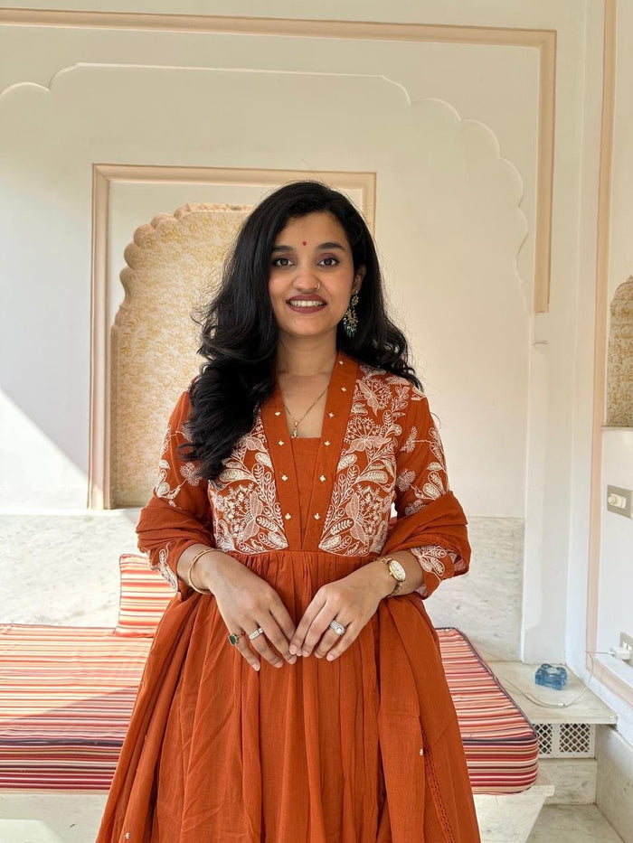 Kashish Threadwork Mul Anarkali Set- Orange