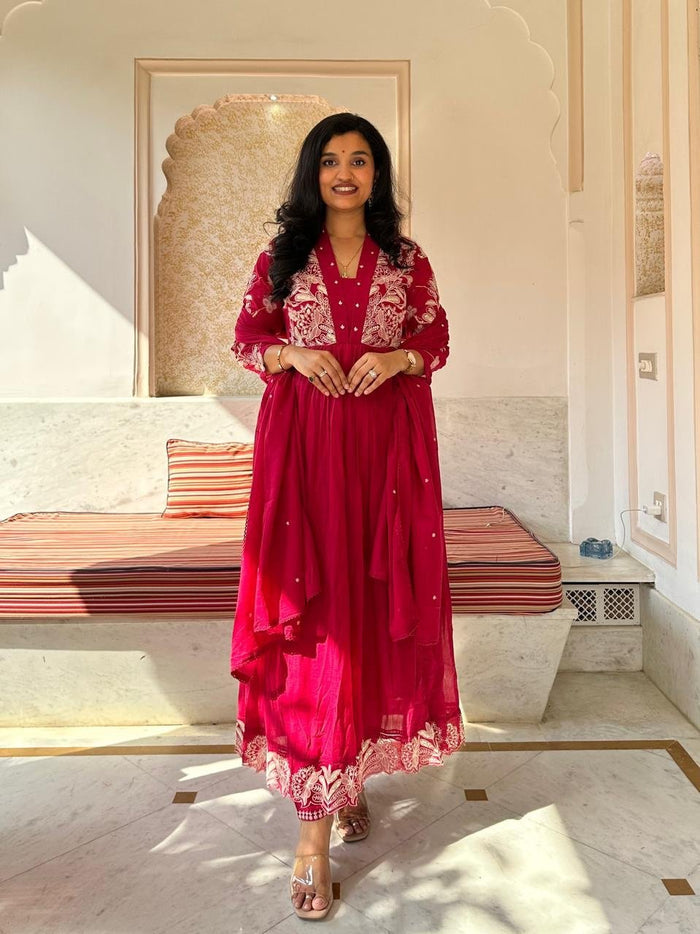 Kashish Threadwork Mul Anarkali Set- Pink
