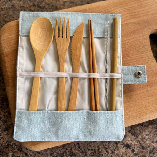 &Keep Bamboo Cutlery Set in Cotton Storage Pouch Sky Blue