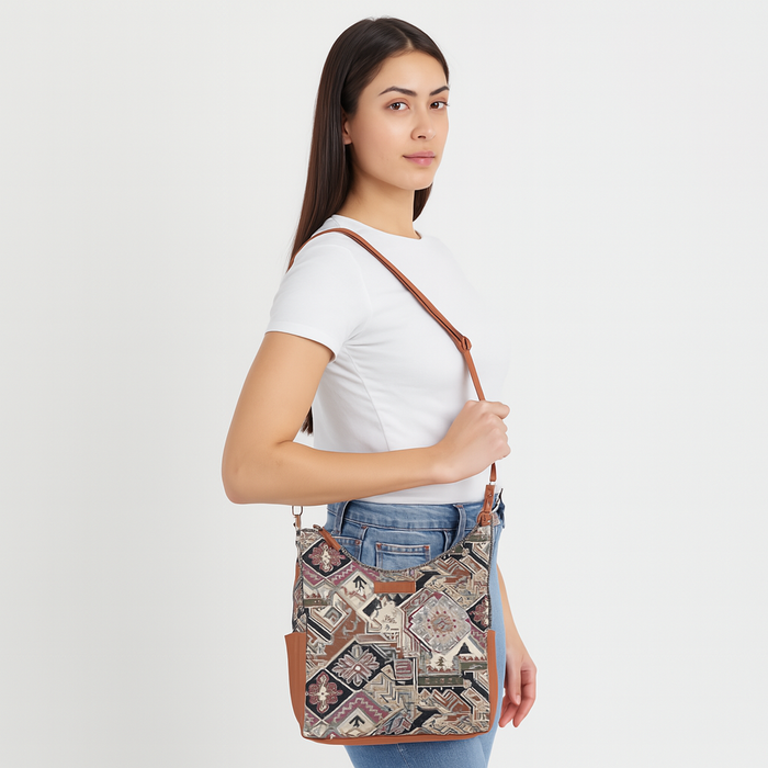 Women’s geometric tapestry vegan‑leather hobo crossbody bag for travel, office, work, and everyday use — Canada & USA-model image